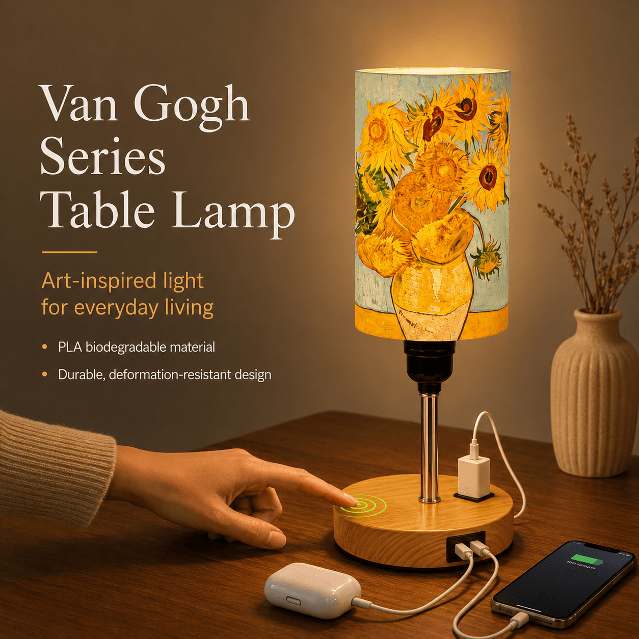 Van Gogh Sunflowers PLA Eco‑Friendly Touch Control Table Lamp🎨 3‑Color Dimmable Multi‑Function Bedside Lamp, Classic Art Home Decor Gift
