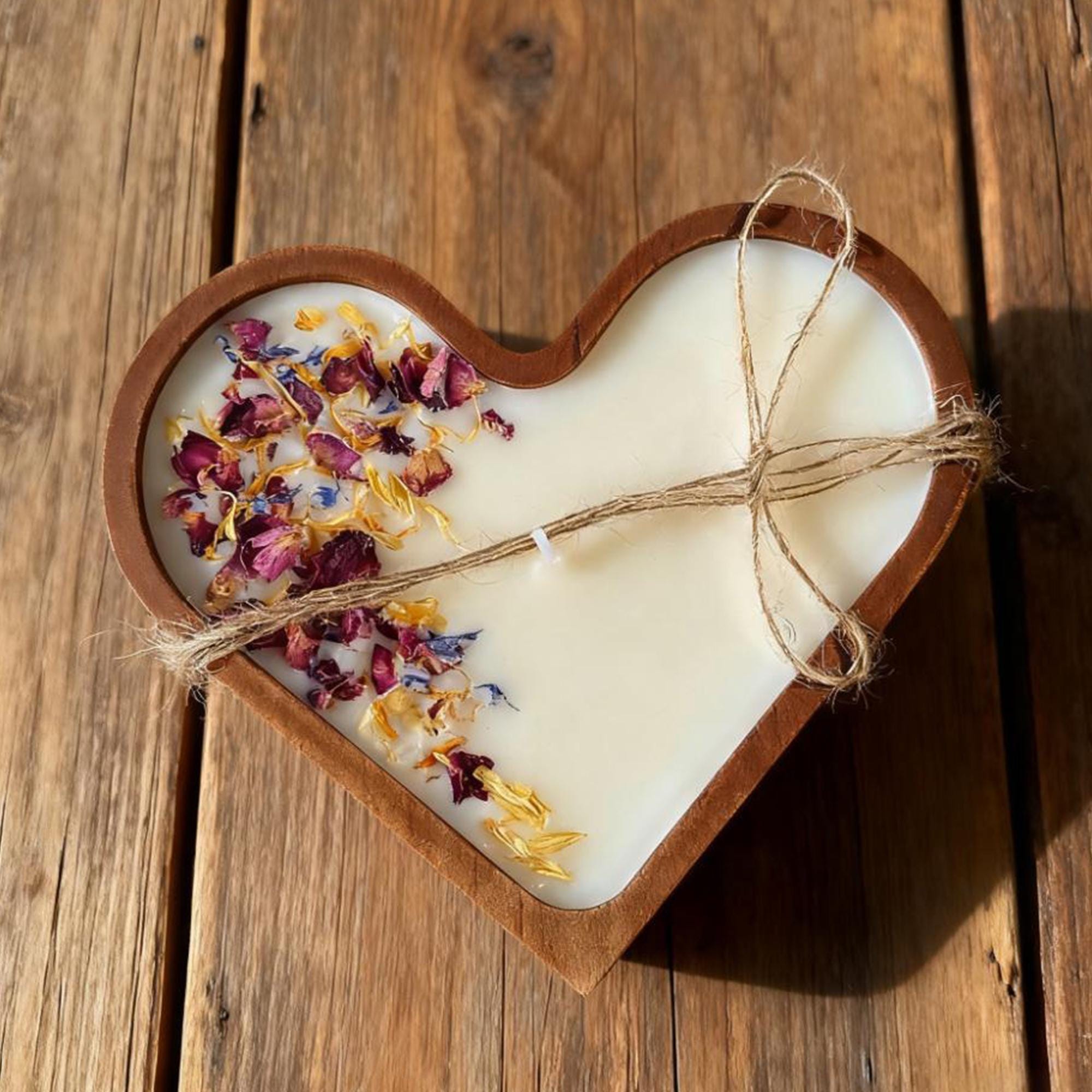 Heart Shaped Dough Wooden Bowl Candle with Dried Rose Hand-Poured Soy Wax / Farmhouse décor / Anniversary | Mothers Day Gift for Her