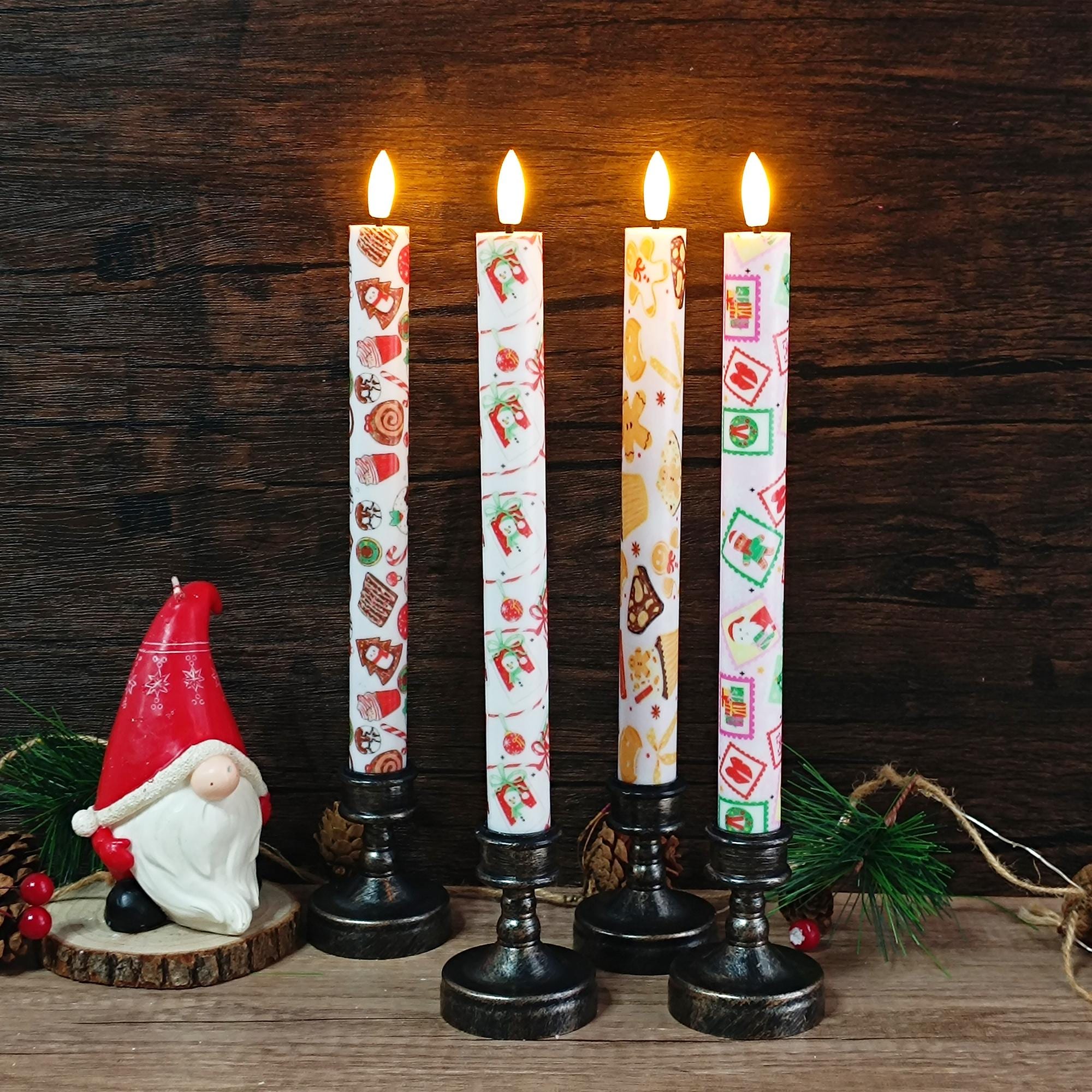 10" Christmas Flameless LED Taper Candles, Battery Timer Candles Gingerbread Man Snowman Christmas Party Decor Christmas Gift