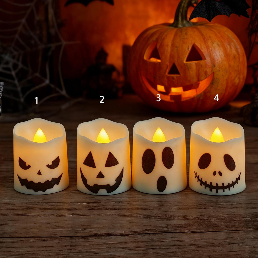 Halloween Frosted Glass Candle Holder | 4 Theme Ghost Night Light Set | Halloween Decorative Candle Light Home Decor