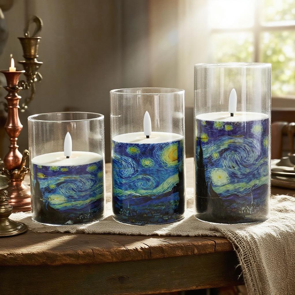 Van Gogh Starry Night Flameless Candles,Remote Control&Timer LED Candle,Battery Operated Pillar Candles for Birthday Gifts