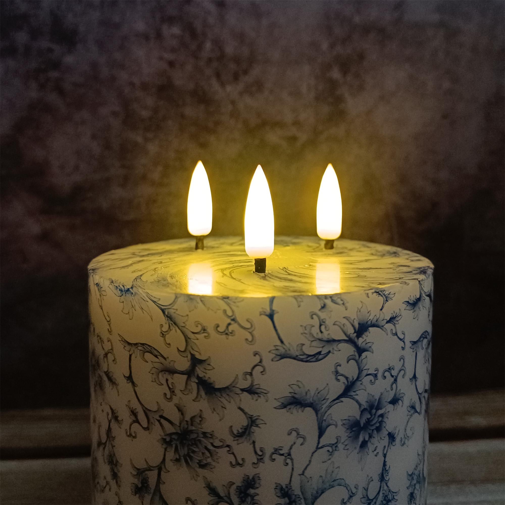 3 Wick Blue And White Floral Printed Flameless Candles,Flickering Flameless Candles,Battery Operated Candles,Housewarming Gift