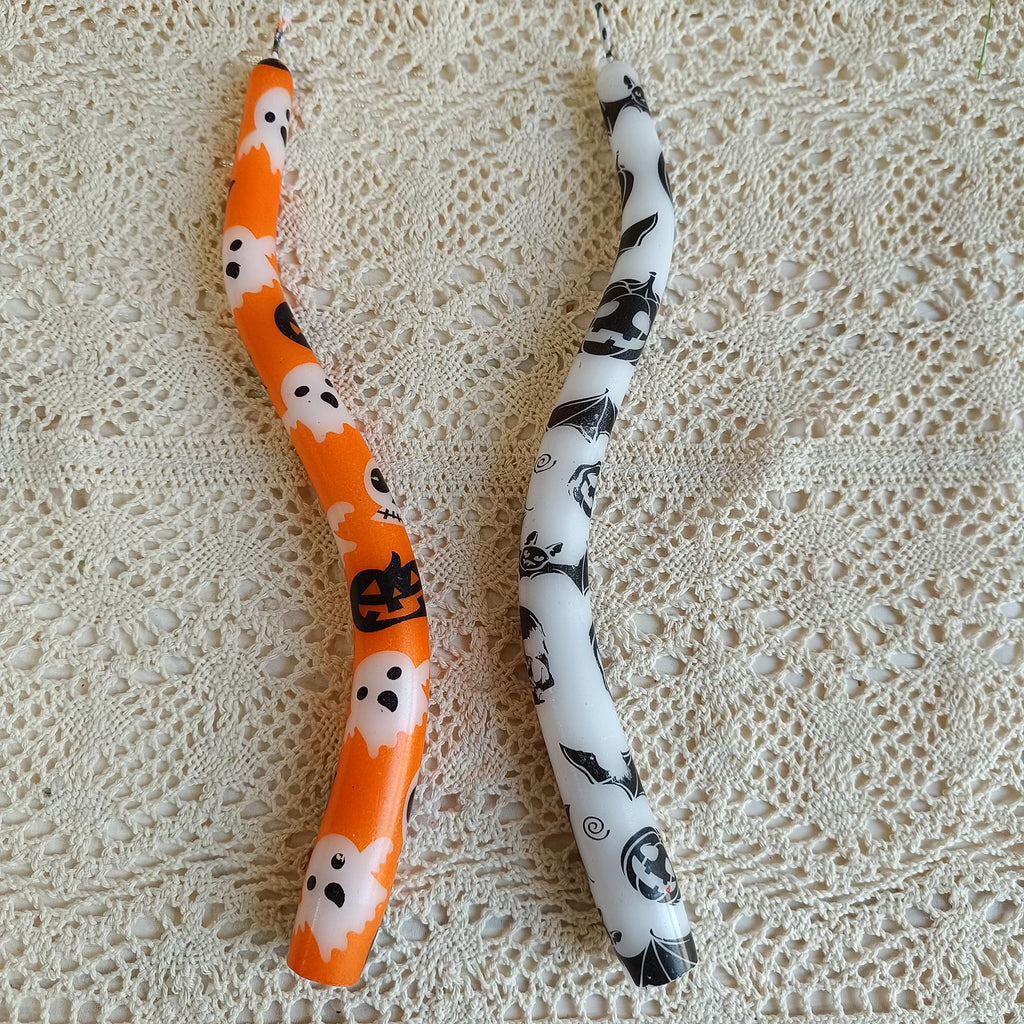 Halloween Twisted Taper Candles,Ghost Pumpkin Bat Print, Black/White & Orange, Unscented Paraffin Candles for Halloween Decor Gift