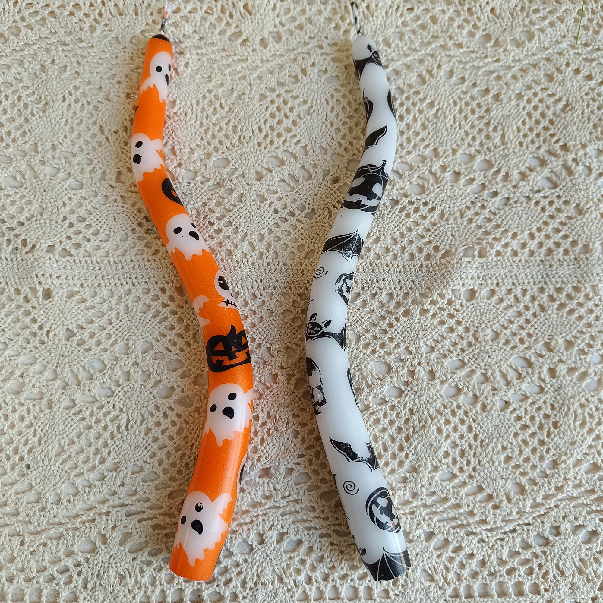 Halloween Twisted Taper Candles,Ghost Pumpkin Bat Print, Black/White & Orange, Unscented Paraffin Candles for Halloween Decor Gift