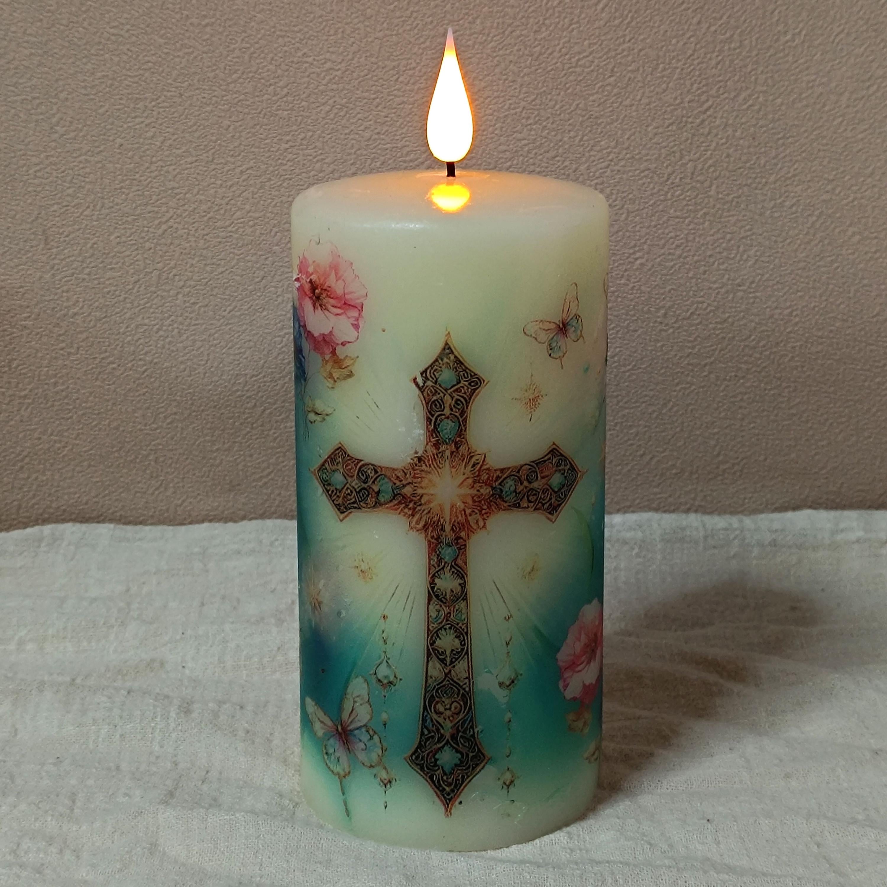 Christian Flameless LED Candle Set of 3, Real Wax, Remote & Timer Battery Powered Pillar Religious Candles Safe Home Decor