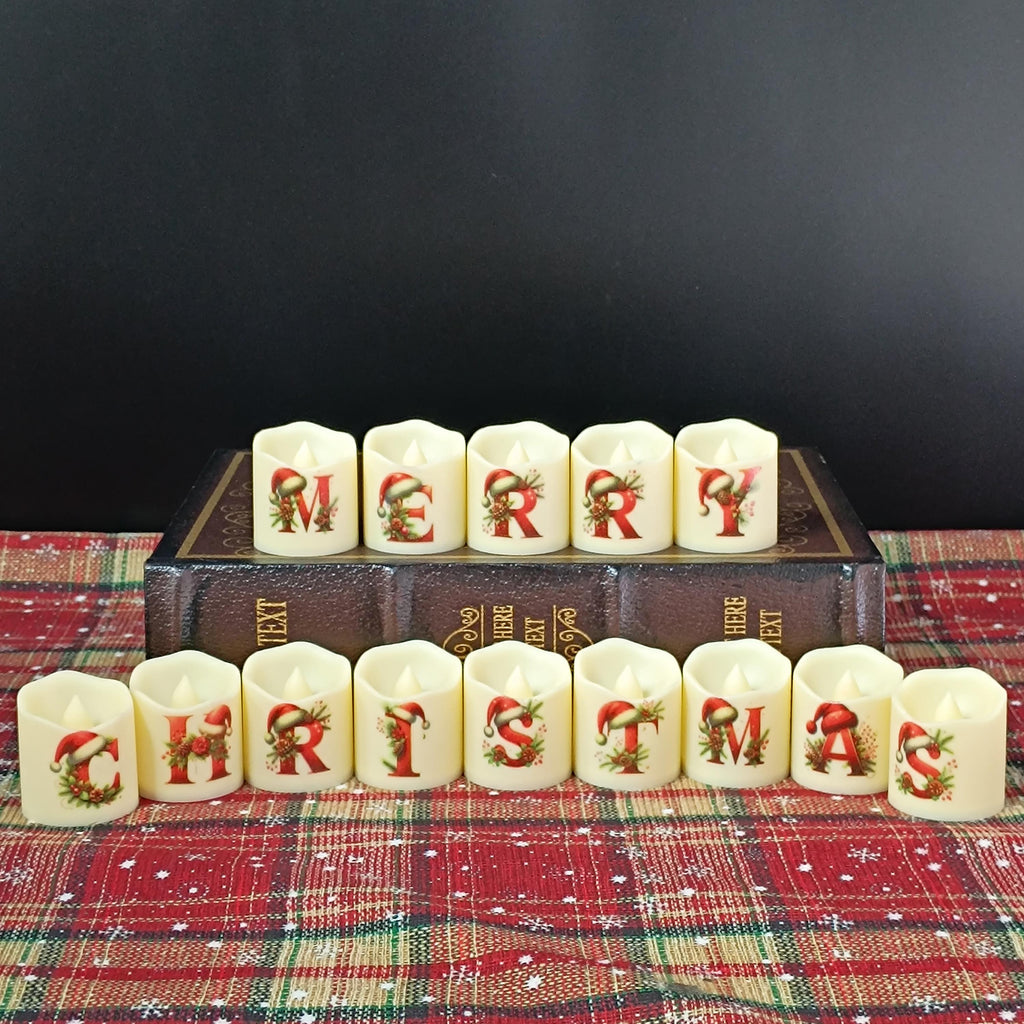 Christmas Tree Alphabet Tea Lights 14 PC Set with Batteries, Red Green Flameless Tealight Candles Decor Christmas Gift