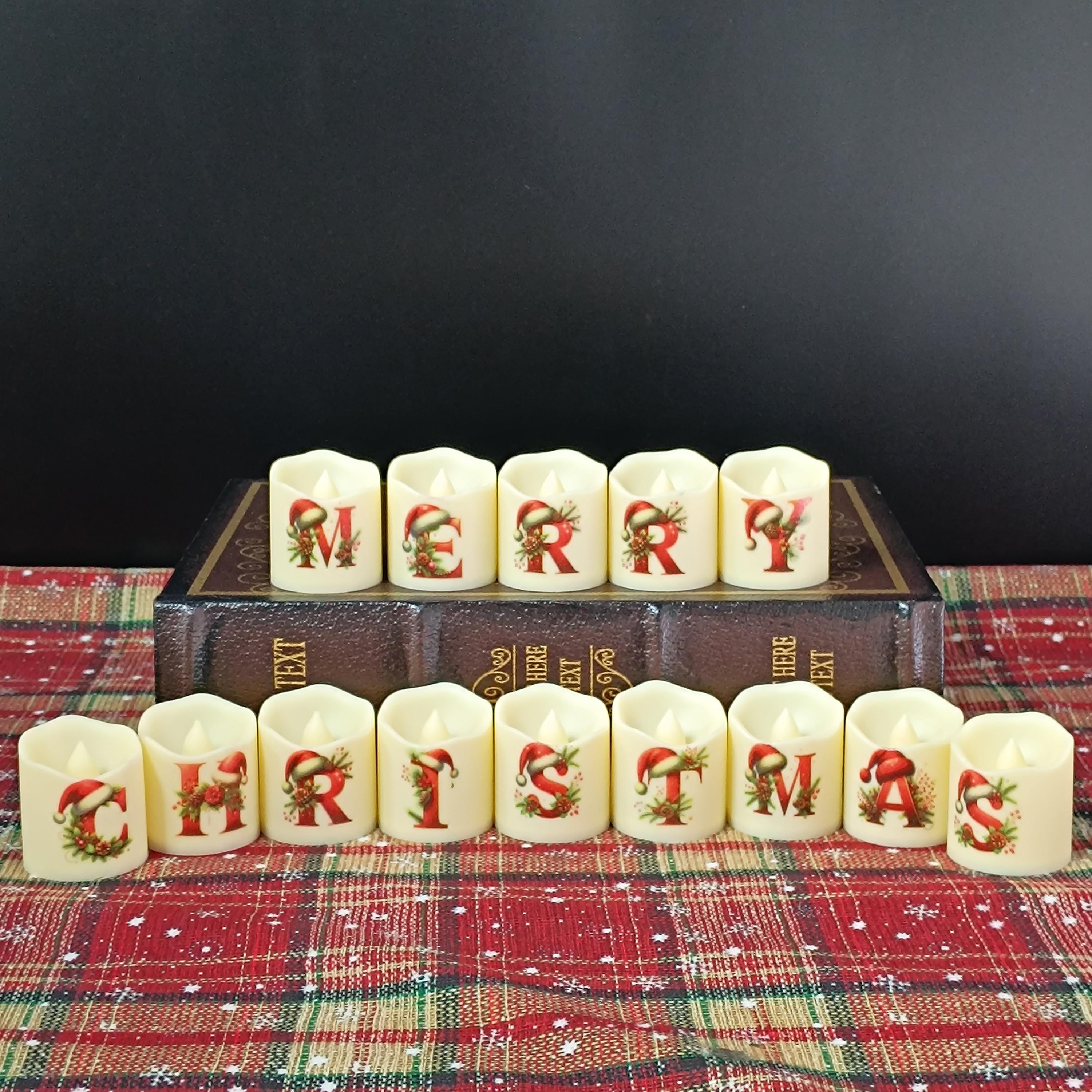 Christmas Tree Alphabet Tea Lights 14 PC Set with Batteries, Red Green Flameless Tealight Candles Decor Christmas Gift