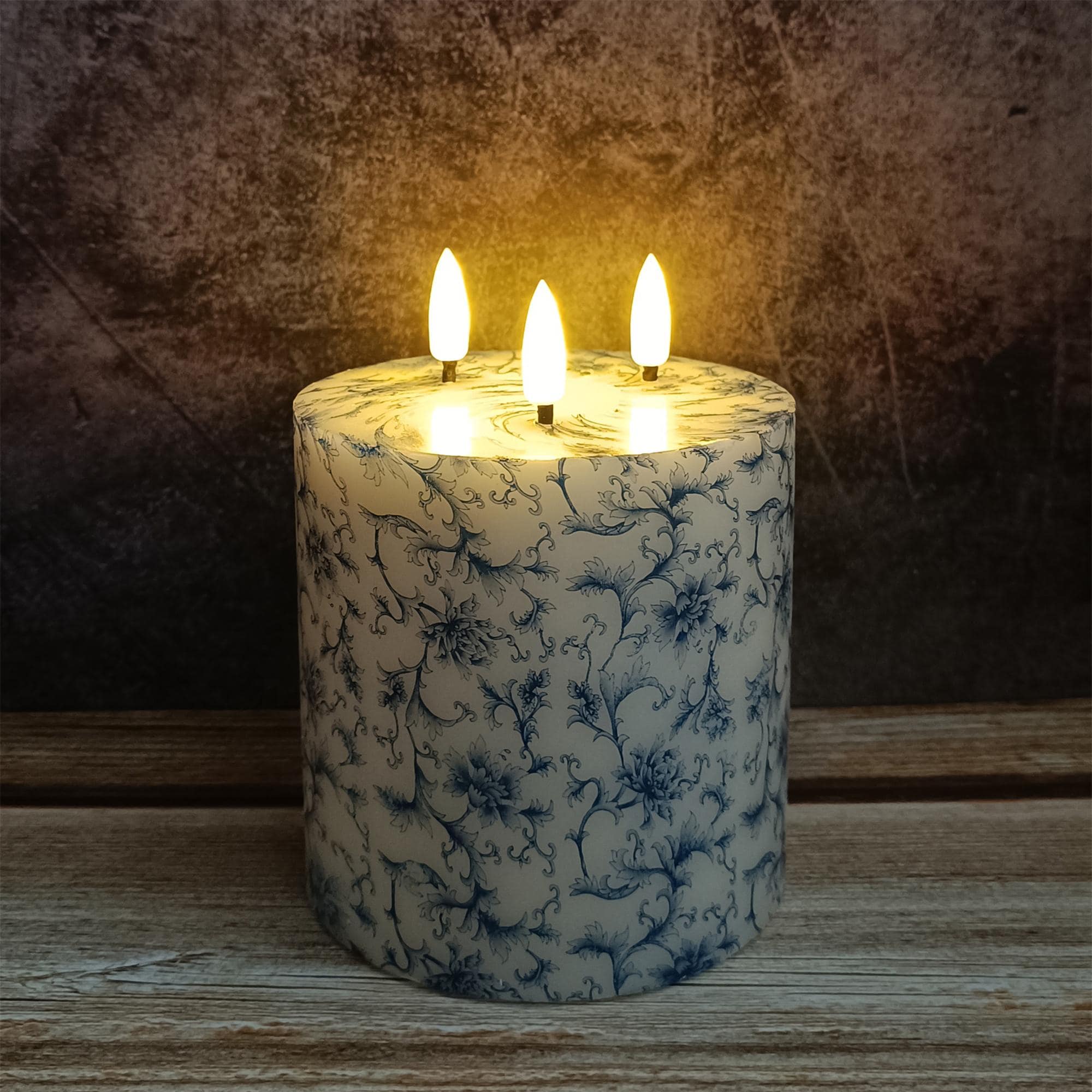 3 Wick Blue And White Floral Printed Flameless Candles,Flickering Flameless Candles,Battery Operated Candles,Housewarming Gift