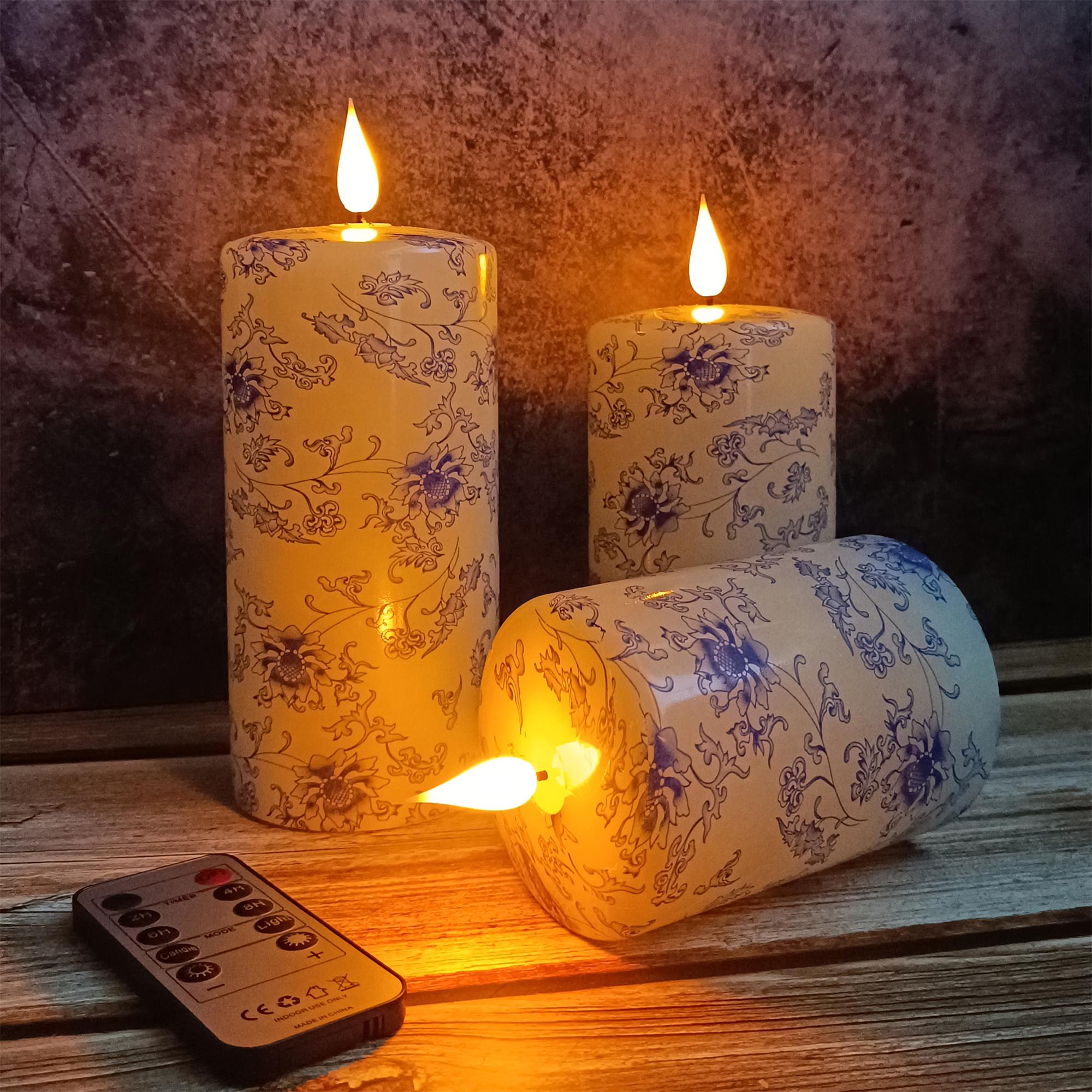 Blue And White Floral Printed Flameless Candles,Led Taper Candles,Flickering Flameless Candles,Battery Operated Candles,Housewarming Gift