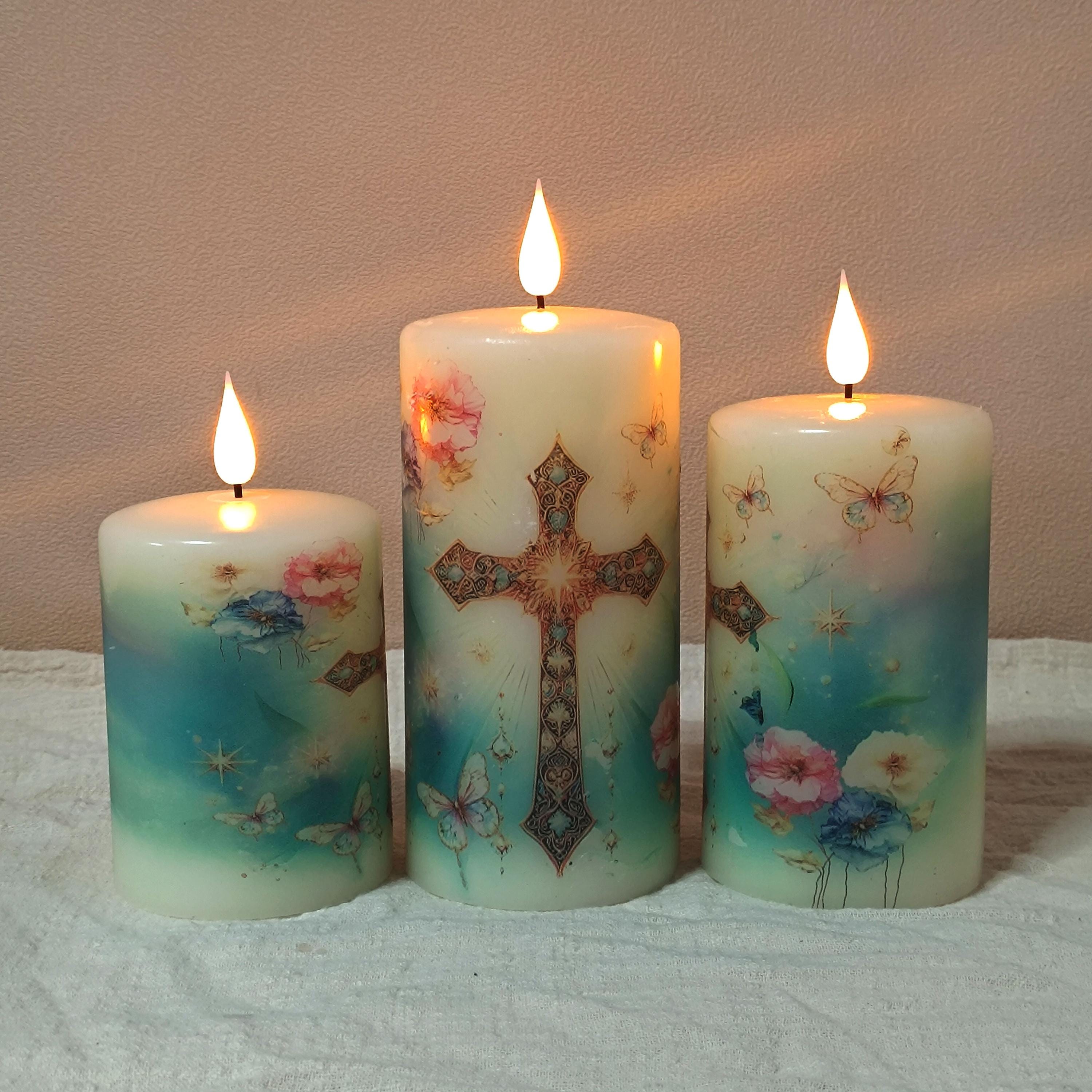 Christian Flameless LED Candle Set of 3, Real Wax, Remote & Timer Battery Powered Pillar Religious Candles Safe Home Decor