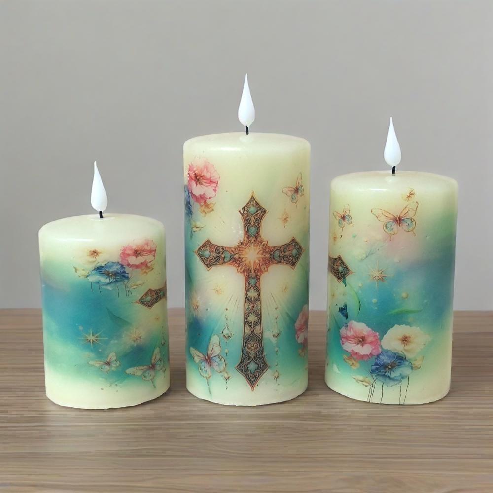 Christian Flameless LED Candle Set of 3, Real Wax, Remote & Timer Battery Powered Pillar Religious Candles Safe Home Decor