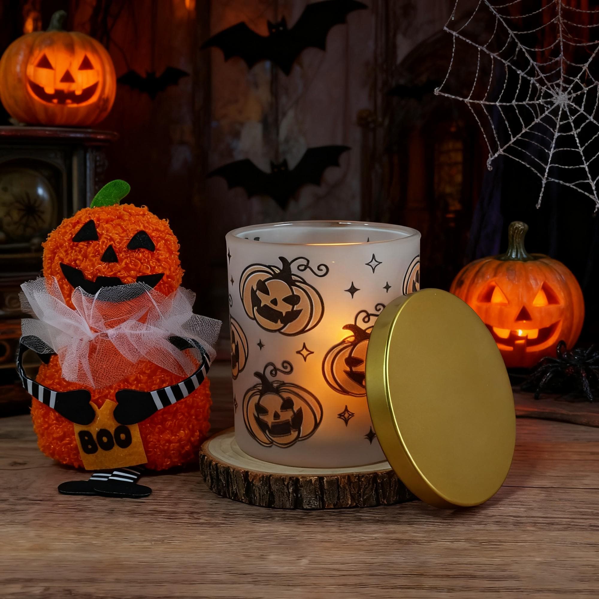 Halloween Frosted Glass Candle Holder | 4 Theme Ghost Night Light Set | Halloween Decorative Candle Light Home Decor