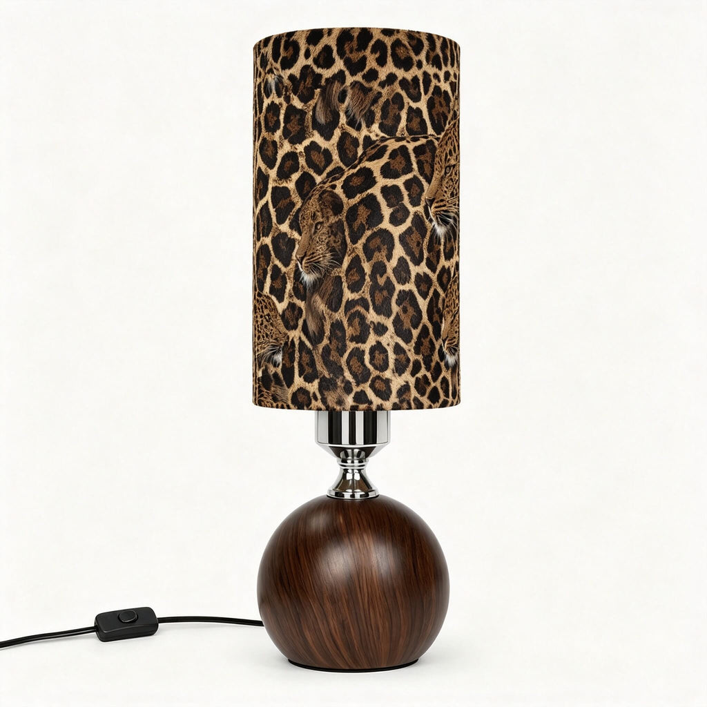 Leopard Print PLA Eco-Friendly Table Lamp 🐆 3 Color Dimmable Button Control Lamp, Dark Wood Grain Sphere Base Modern Bedside Decor Lamp