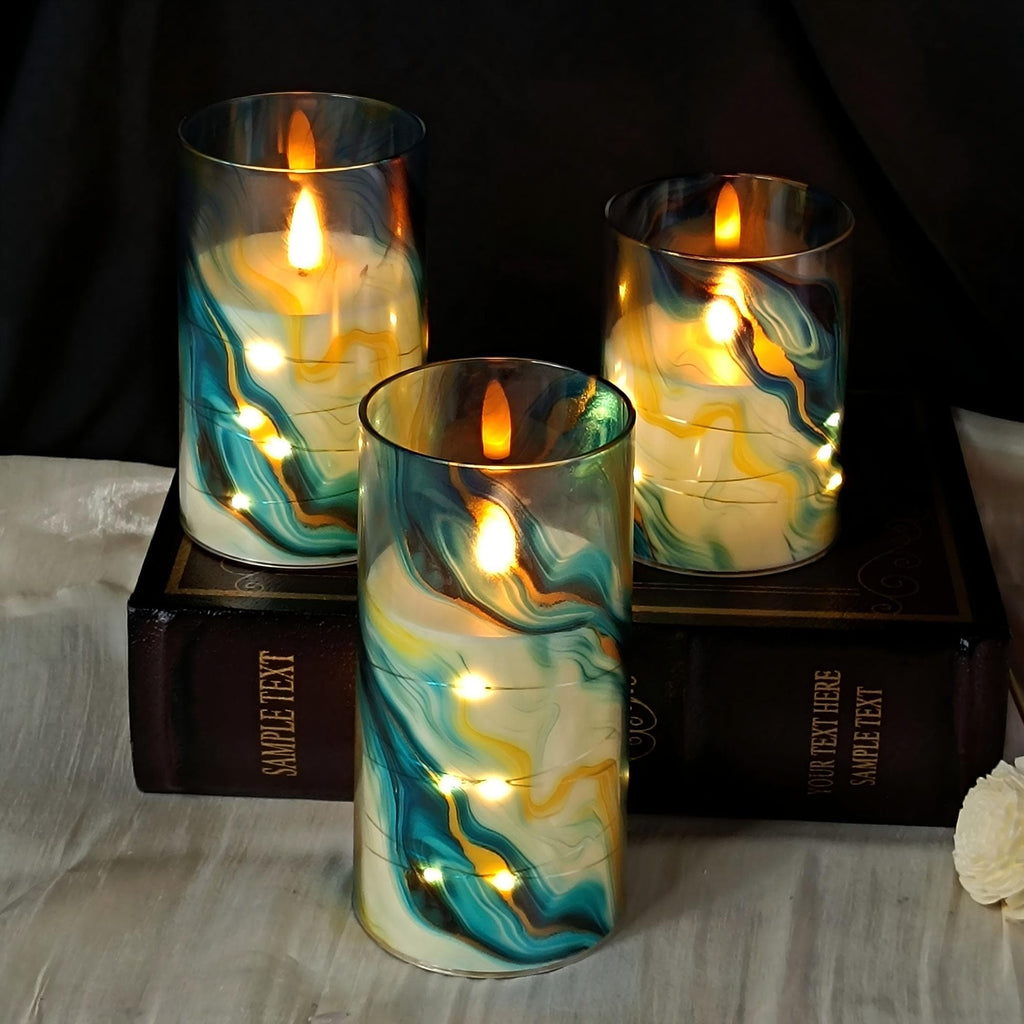 Marble Flameless Pillar Candles Set of 3 LED Candles with Remote and Timer Unscented Flickering Candles Christmas Home Decor