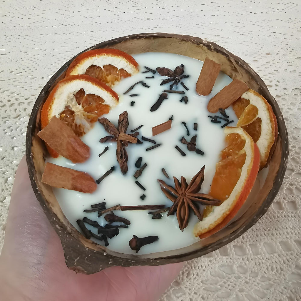 Coconut Shaped Wooden Bowl Candle with Orange Cinnamon | Hand-Poured Soy Wax Wooden Wick Candle | Farmhouse Decor Anniversary Gift