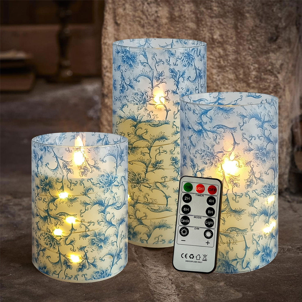 Blue Flower Flameless Candles,LED Pillar Candlestick,Remote LED Candle Sticks,Home Decor,Valentine's Day with Remote and Timer