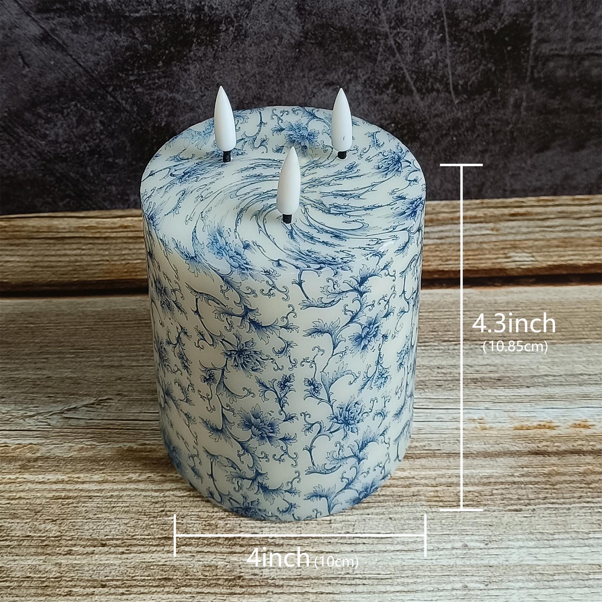 3 Wick Blue And White Floral Printed Flameless Candles,Flickering Flameless Candles,Battery Operated Candles,Housewarming Gift
