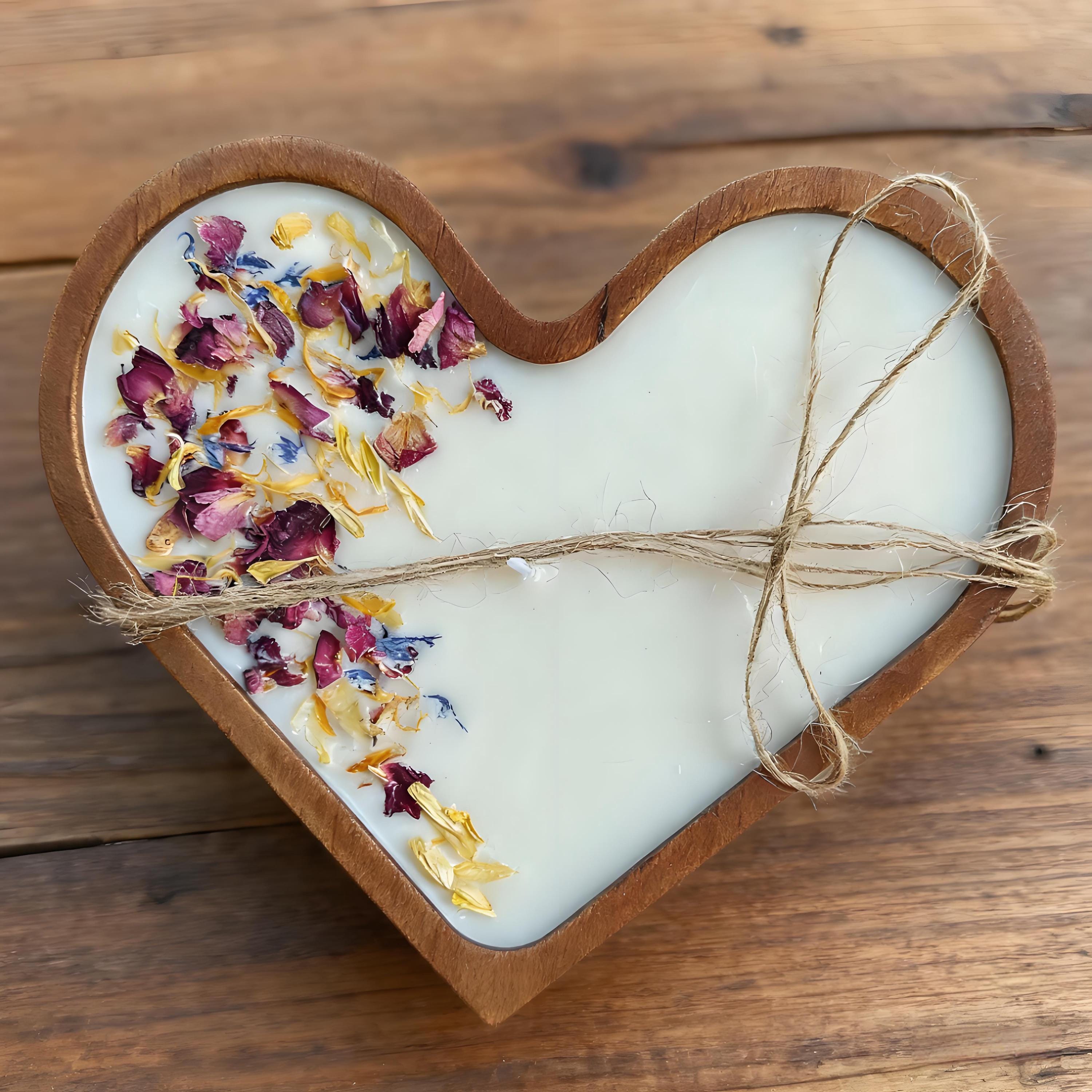 Heart Shaped Dough Wooden Bowl Candle with Dried Rose Hand-Poured Soy Wax / Farmhouse décor / Anniversary | Mothers Day Gift for Her