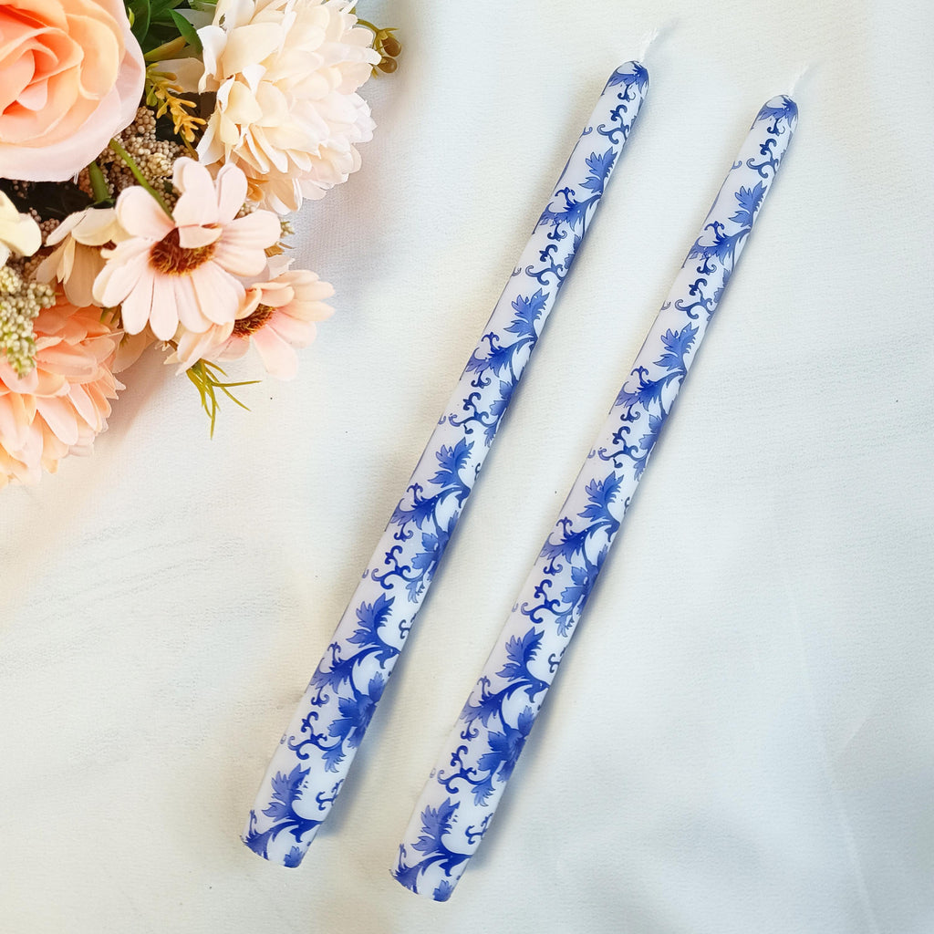 Spiral Candle Sticks Printed Taper Candlestick,2PC Blue Flower Tapered Candle ,Valentine's Gift,Dinner Decor,blue and white Taper Candle