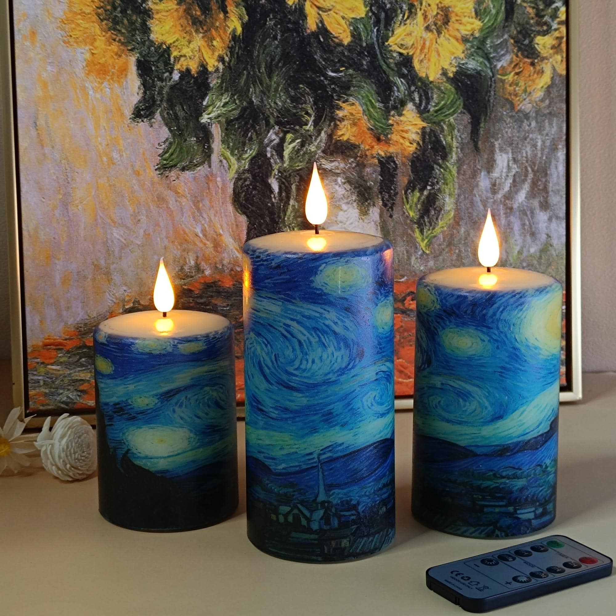 Van Gogh Starry Night Flameless Candles Set of 3,Real Wax Remote Control&Timer LED Candle,Battery Operated Pillar Candles for Christmas Gift