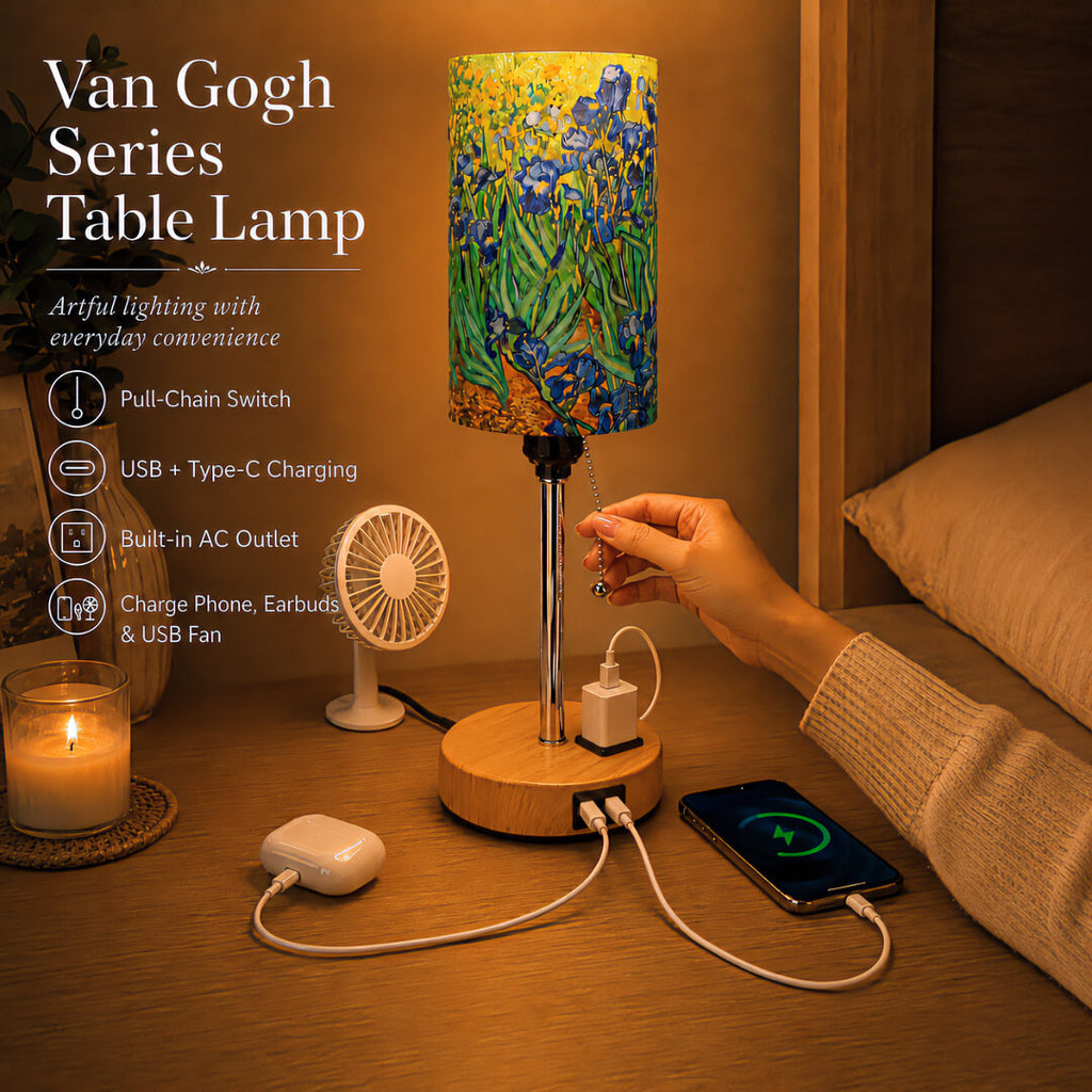 Van Gogh Irises PLA Eco-Friendly Pull Chain Table Lamp 💐 3 Color Dimmable Multifunctional Bedside Lamp, Classic Art Home Decor Gift