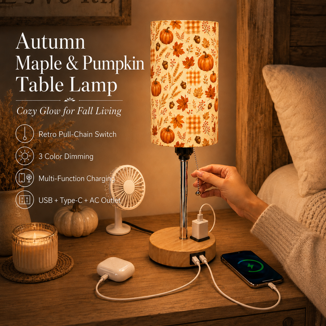 Autumn Maple & Pumpkin PLA Eco-Friendly Pull Chain Table Lamp 🎃 3 Color Dimmable Multifunctional Bedside Lamp, Fall Farmhouse Home Decor Gift