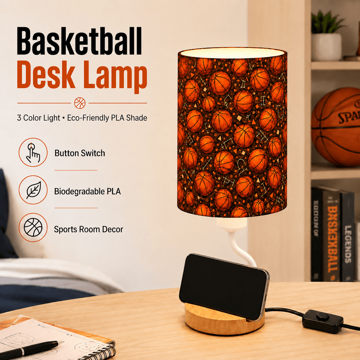 Basketball PLA Eco‑Friendly Dimmable Table Lamp📱 3‑Button Control Bedside Lamp with Phone Stand, Sports Home Decor Gift
