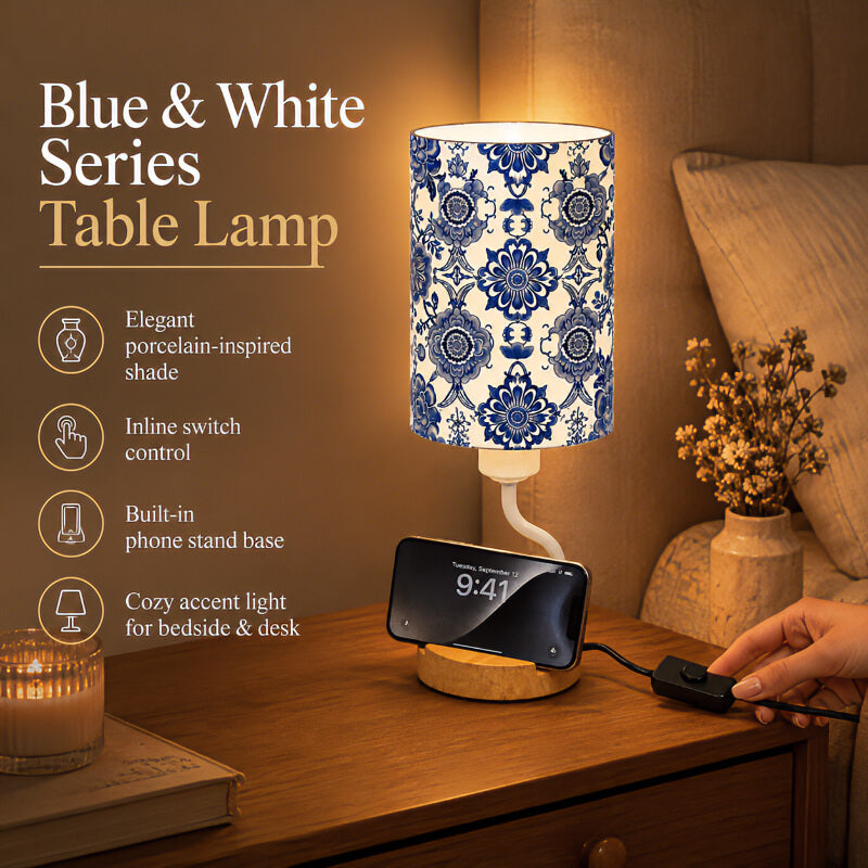 Blue & White Porcelain PLA Eco-Friendly Table Lamp 🎐 3-Button Dimmable Bedside Lamp with Phone Stand, Oriental Floral Home Decor Gift