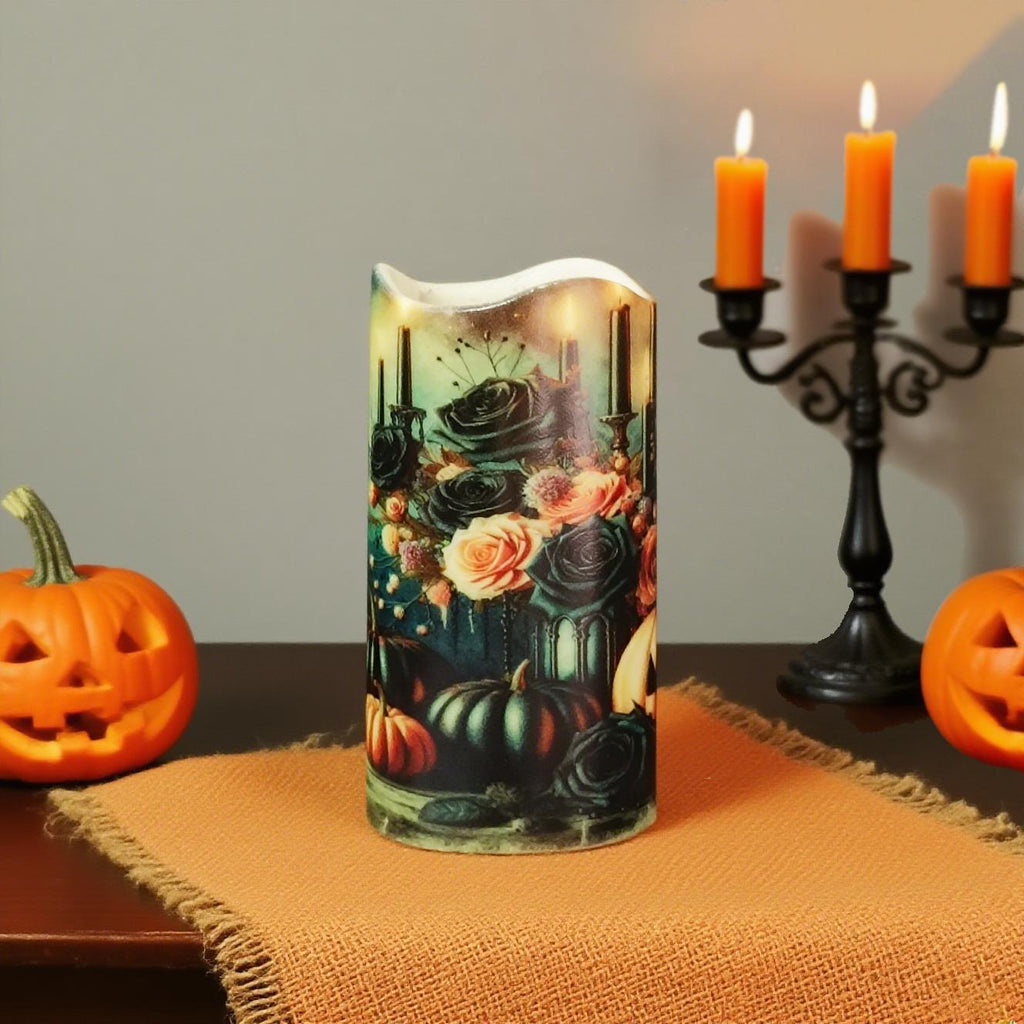 6" Halloween LED Pillar Candle Remote Control & Timer Flickering Flameless Light Spooky Skull Pumpkin Spider Decor