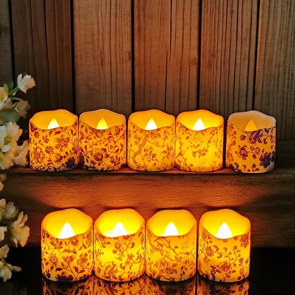 200Hrs Blue and white Porcelain Tea Light,Flameless Flickering Elegant Vintage Candles for Dinner Wedding Home Decor