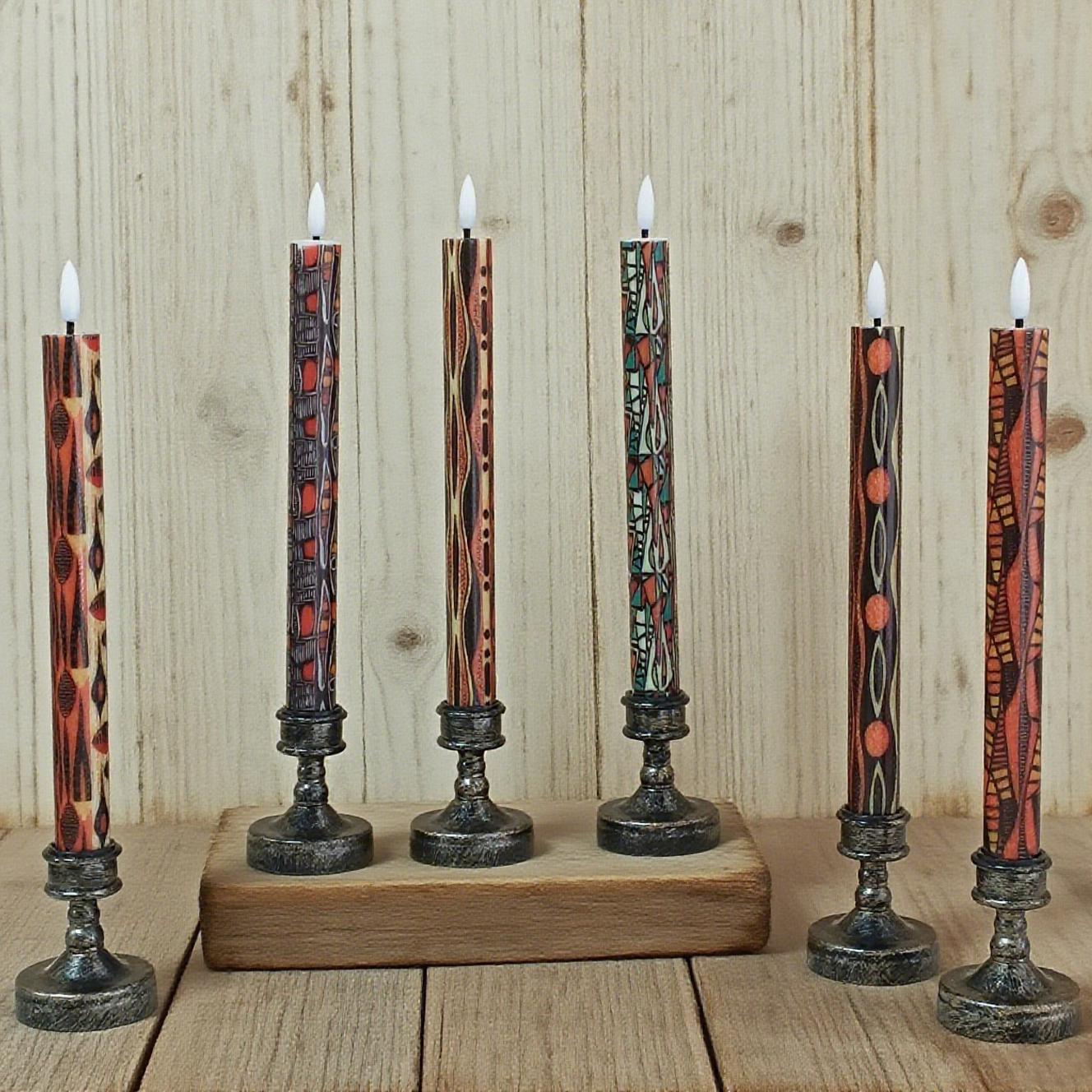 African Abstract Geometric Pattern Taper Candles,10” Remote Control,LED Light with Timer,Art Home Decor