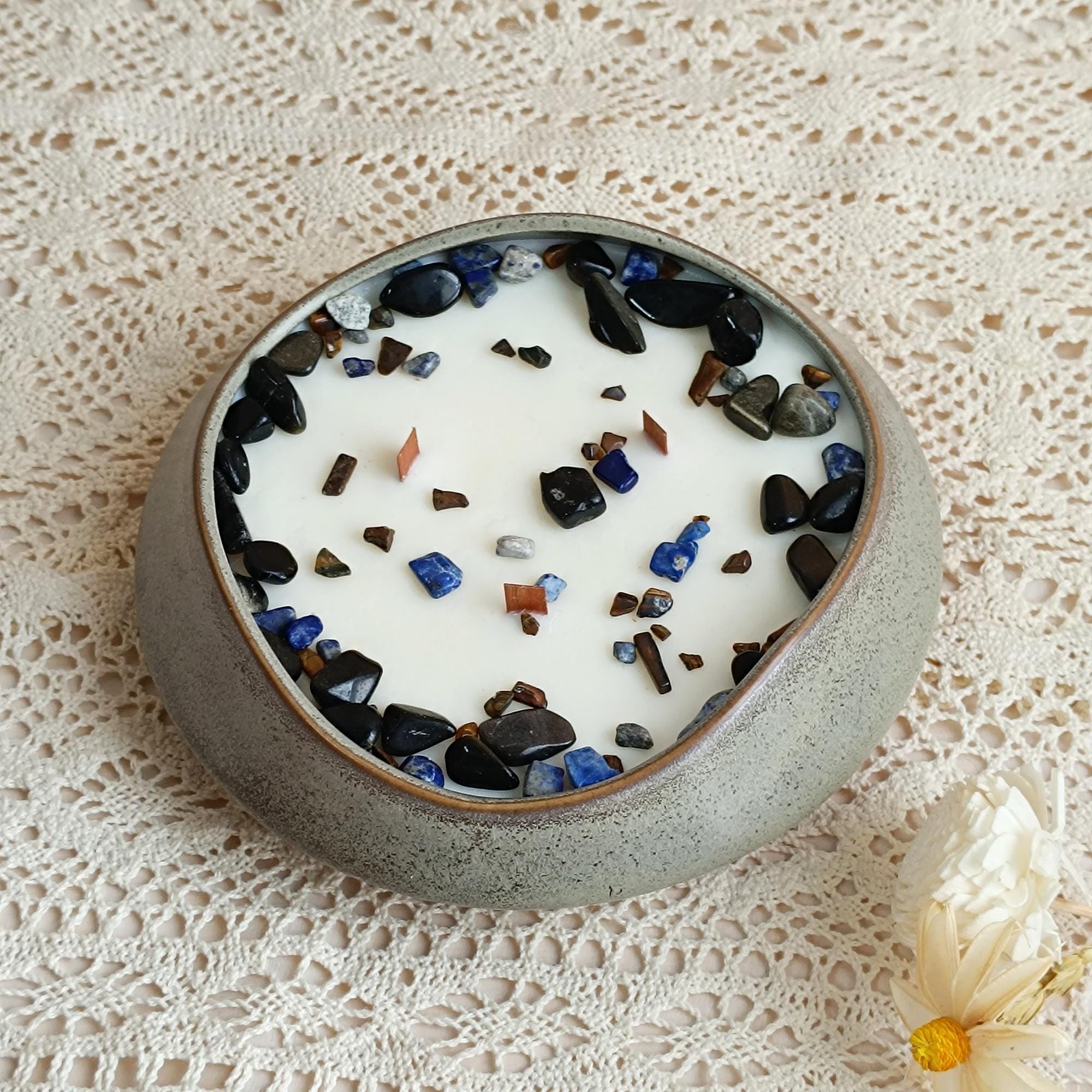 Crystal Ceramics Bowl Candle: Lemon Lavender Jasmine Scented, Meditation Decor