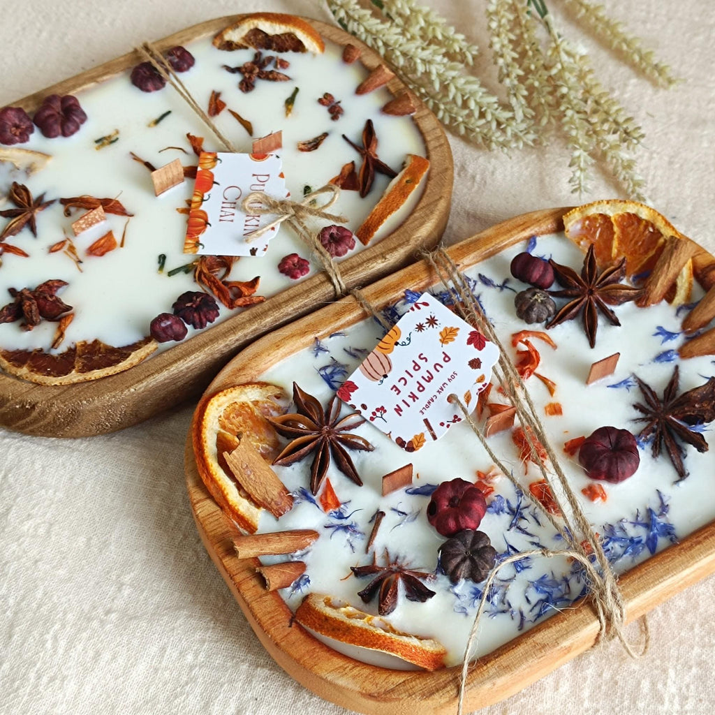 Spice-Decorated Wooden Dough Bowl Scented Candle,3 Wick Container Candle, Three Scents, Autumn Home Decor Christmas Gift