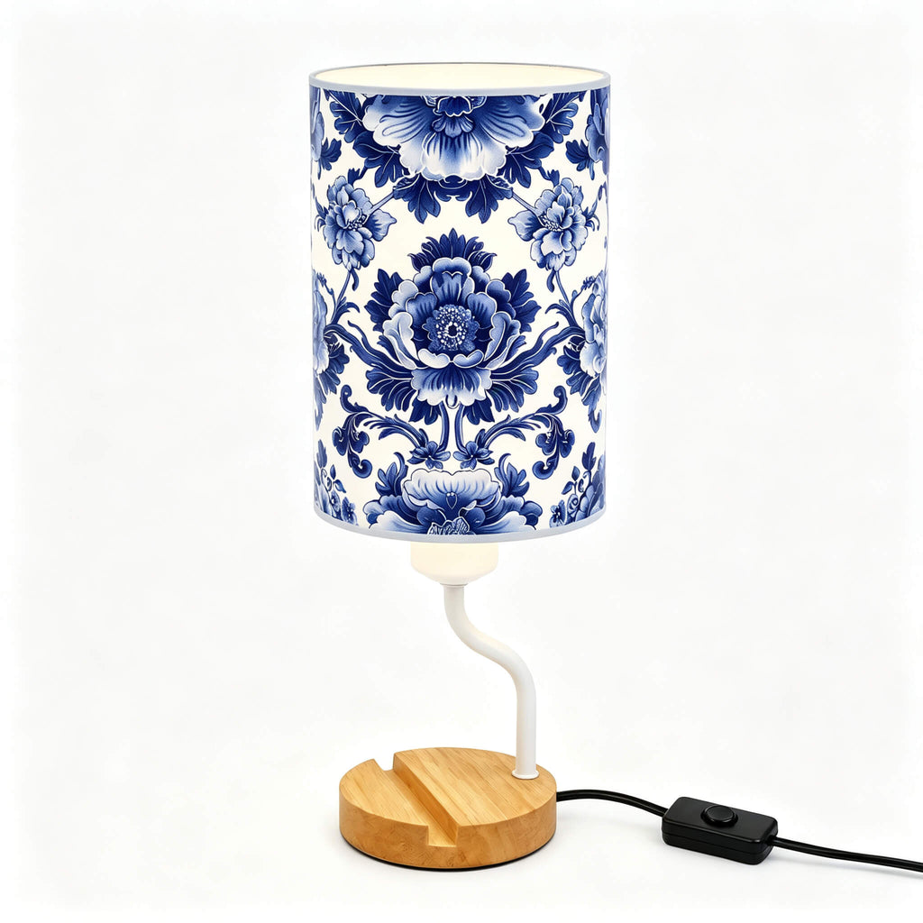 Blue & White Porcelain PLA Eco-Friendly Table Lamp 🎐 3-Button Dimmable Bedside Lamp with Phone Stand, Oriental Floral Home Decor Gift