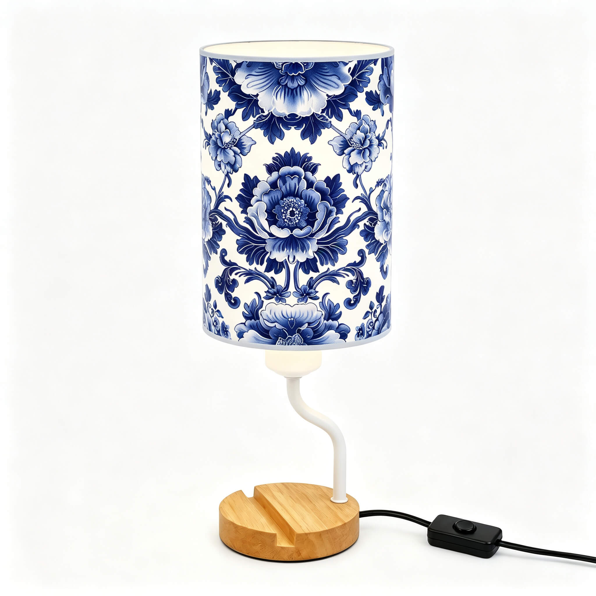 Blue & White Porcelain PLA Eco-Friendly Table Lamp 🎐 3-Button Dimmable Bedside Lamp with Phone Stand, Oriental Floral Home Decor Gift