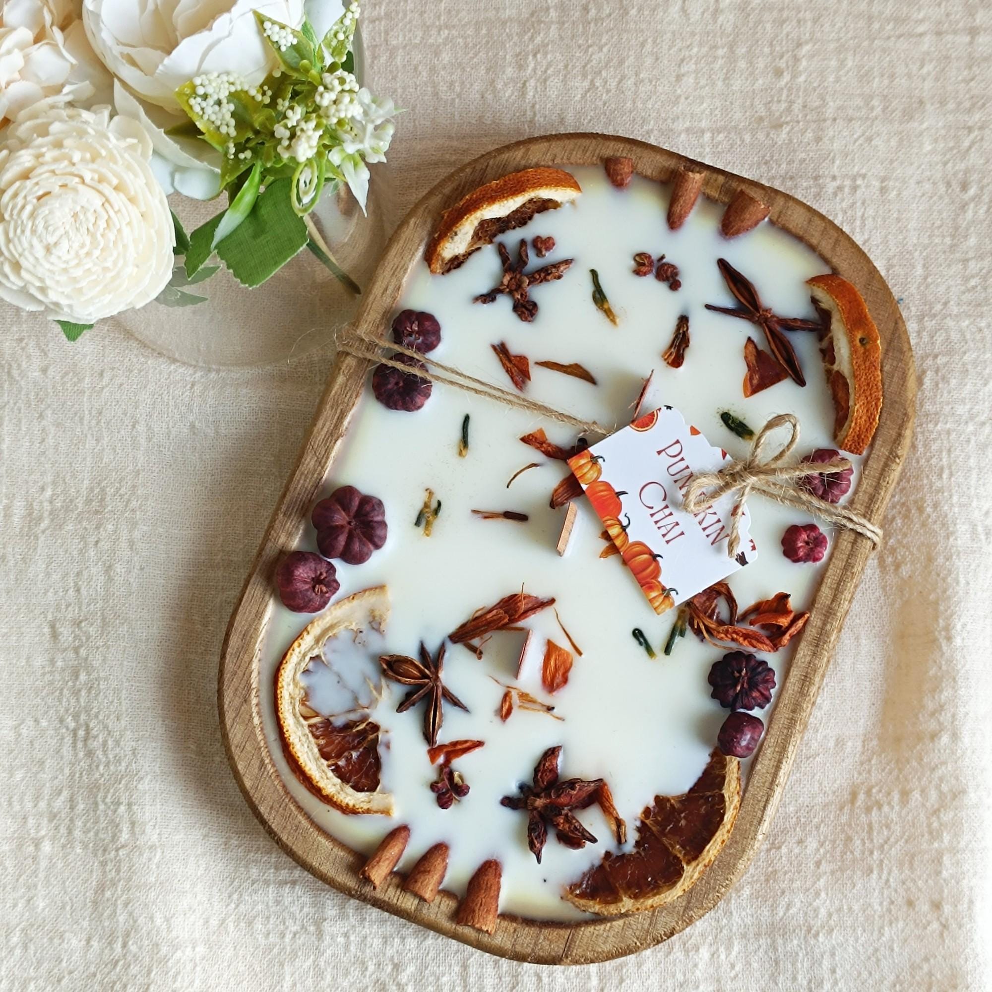 Spice-Decorated Wooden Dough Bowl Scented Candle,3 Wick Container Candle, Three Scents, Autumn Home Decor Christmas Gift