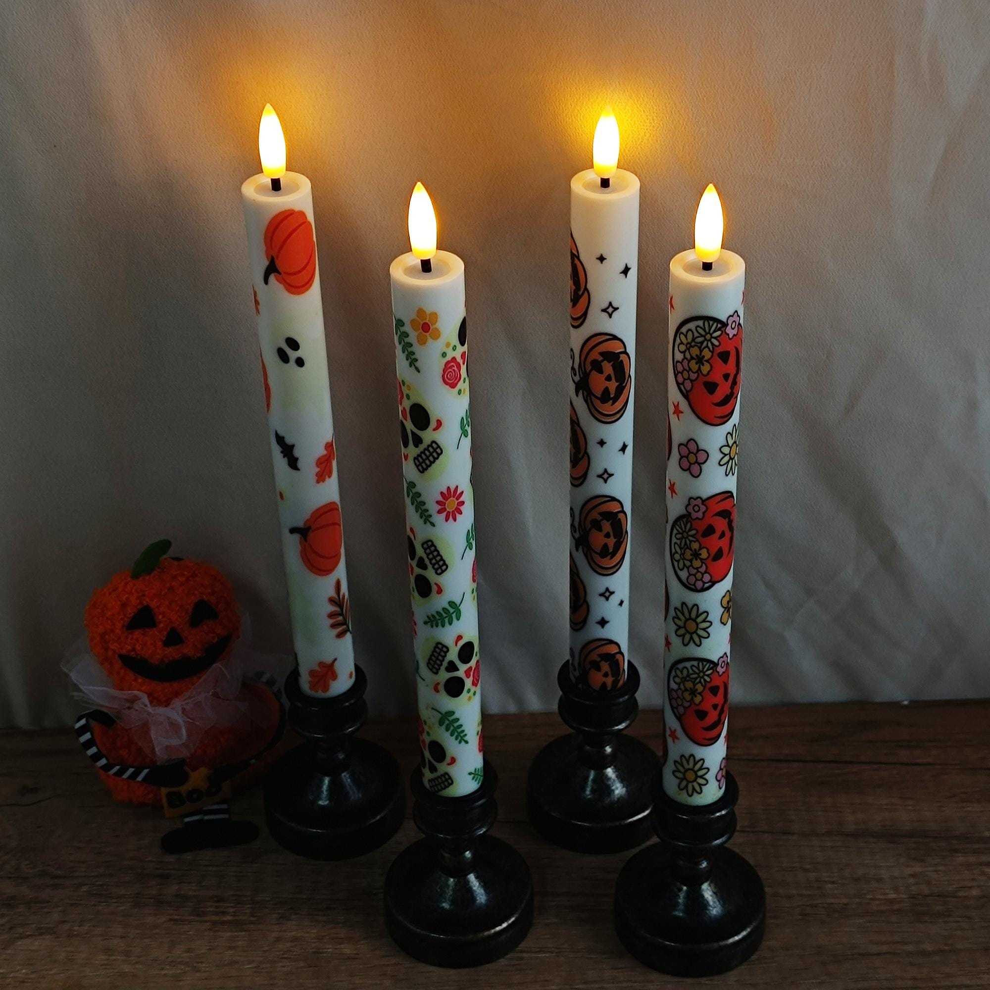 10" Halloween Flameless LED Taper Candles, Battery Timer Candles Pumpkin Skull Candlestick Halloween Party Decor Birthday Gift