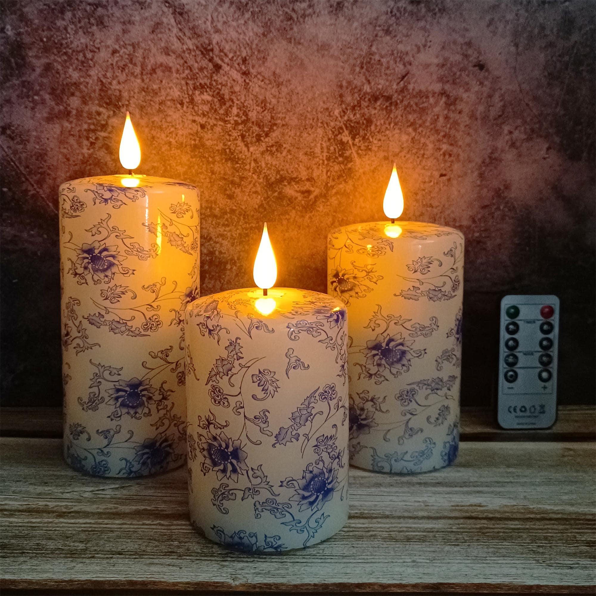 Blue And White Floral Printed Flameless Candles,Led Taper Candles,Flickering Flameless Candles,Battery Operated Candles,Housewarming Gift