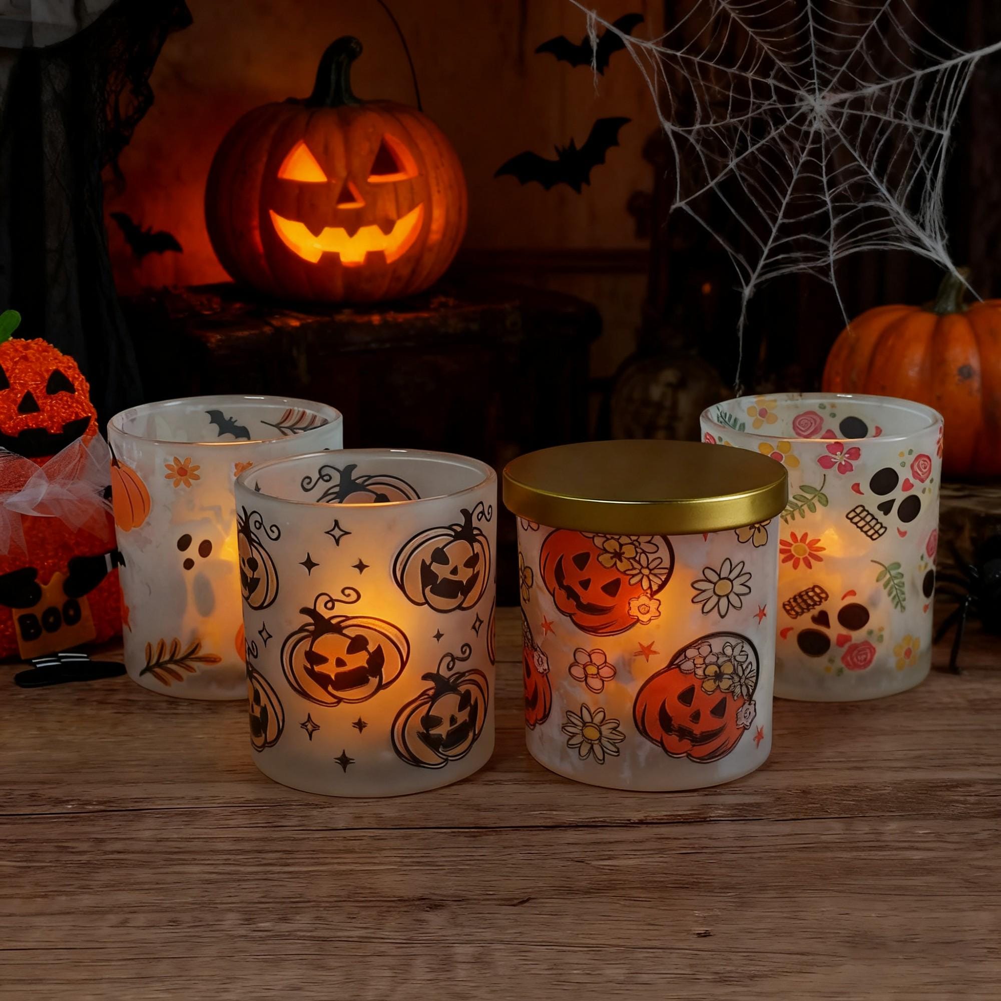 Halloween Frosted Glass Candle Holder | 4 Theme Ghost Night Light Set | Halloween Decorative Candle Light Home Decor