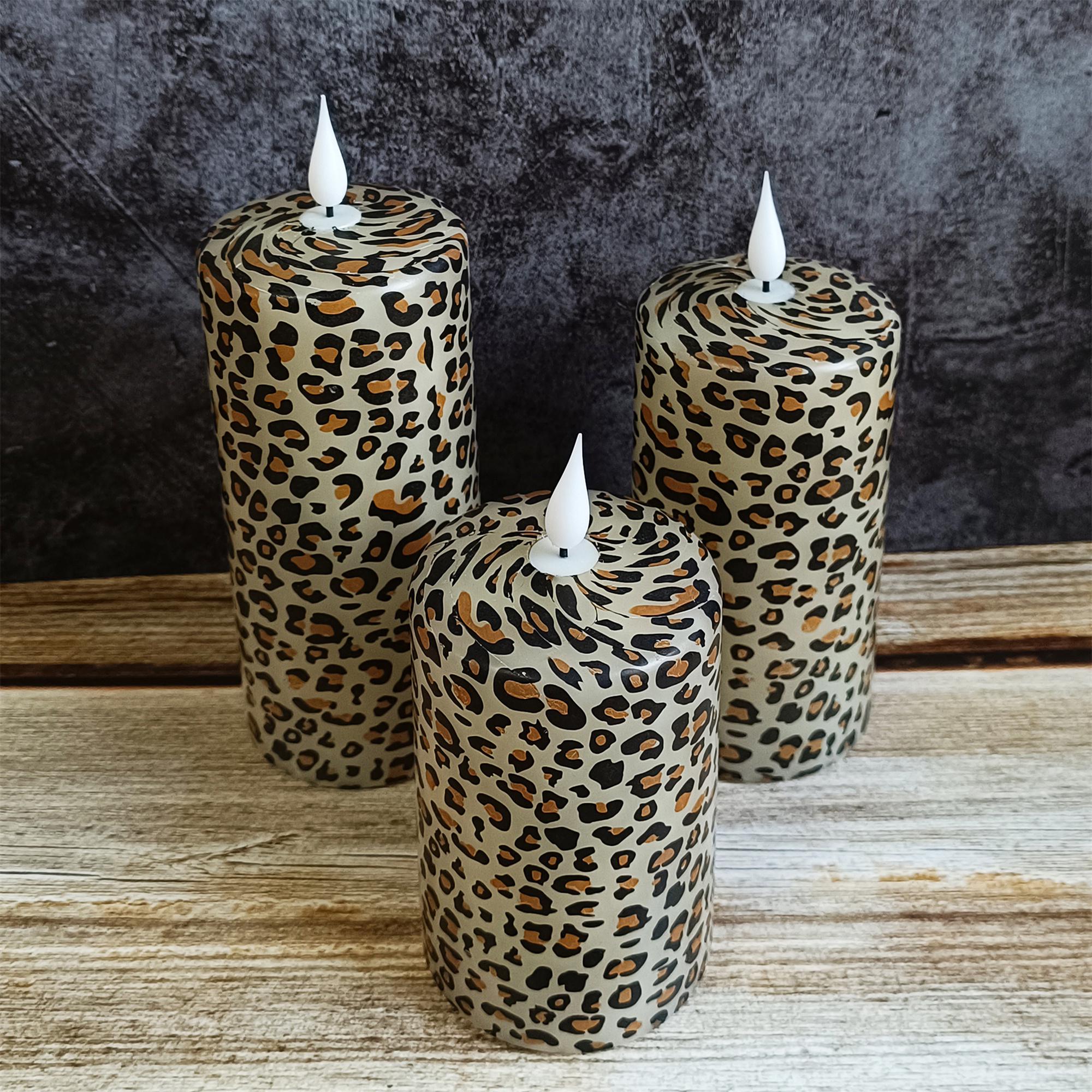 Leopard Printed Flameless Candles,5.1 Inch Led Pillar Candles,Flickering Flameless Candles,Battery Operated Candles,Housewarming Gift