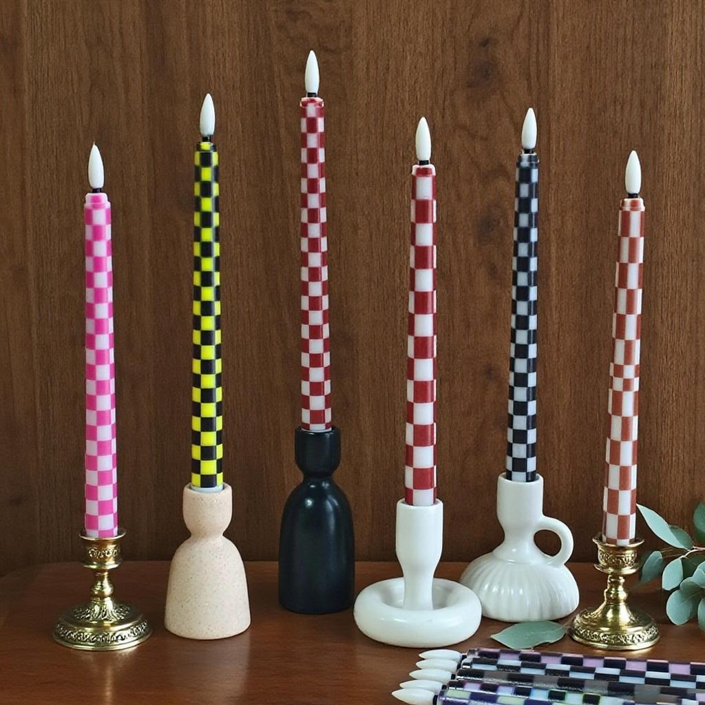 Checkerboard LED Taper Candles,Battery Timer Candles Colorful Candle stick,Flameless Home Decor Dinner Birthday Gift