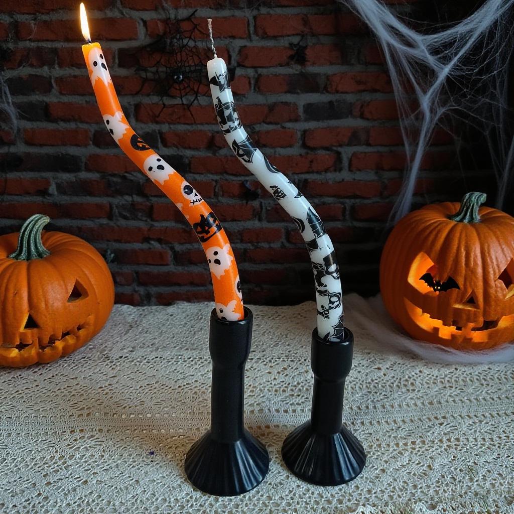 Halloween Twisted Taper Candles,Ghost Pumpkin Bat Print, Black/White & Orange, Unscented Paraffin Candles for Halloween Decor Gift