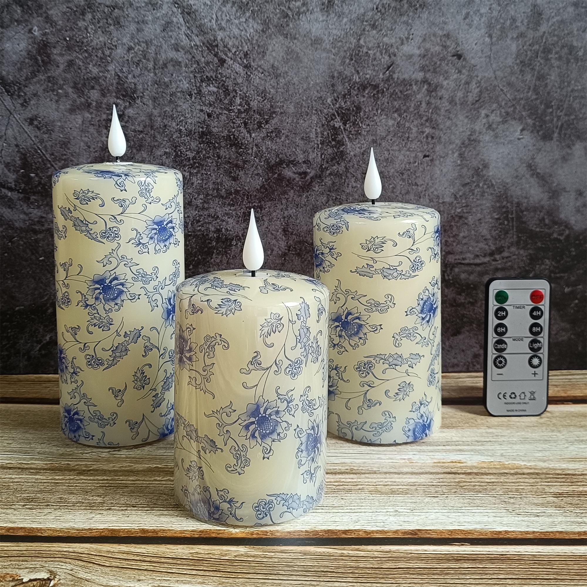 Blue And White Floral Printed Flameless Candles,Led Taper Candles,Flickering Flameless Candles,Battery Operated Candles,Housewarming Gift