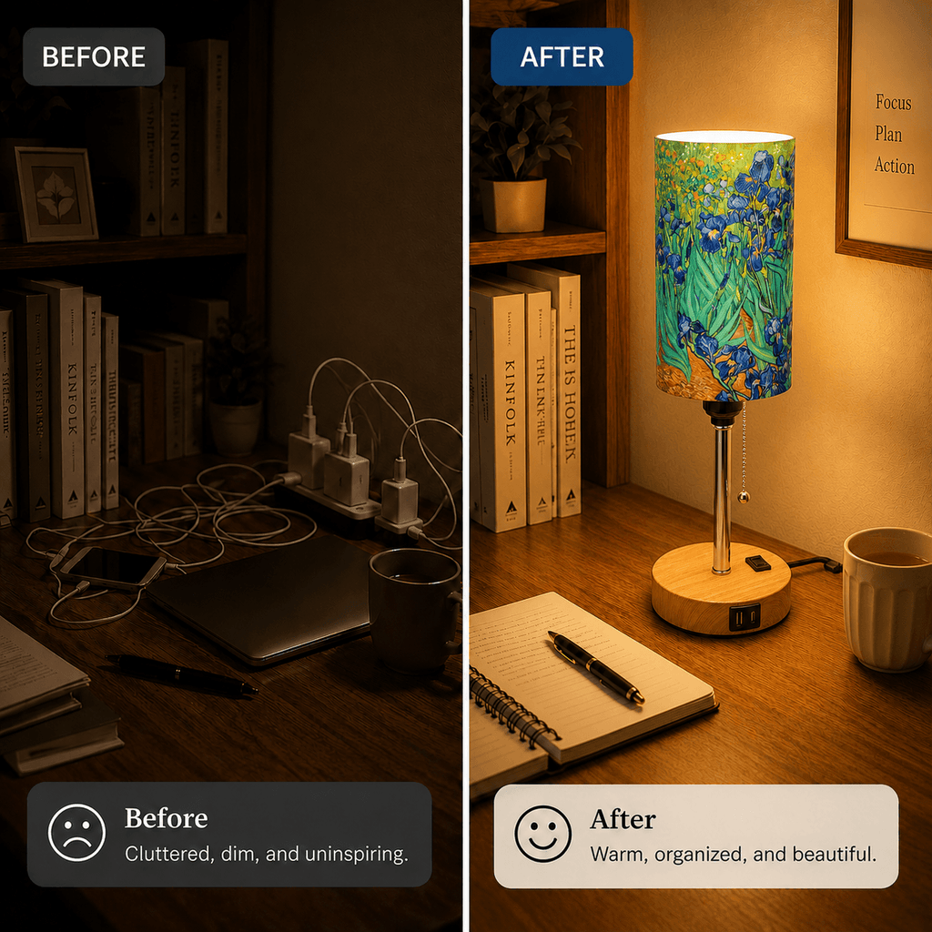 Van Gogh Irises PLA Eco-Friendly Pull Chain Table Lamp 💐 3 Color Dimmable Multifunctional Bedside Lamp, Classic Art Home Decor Gift