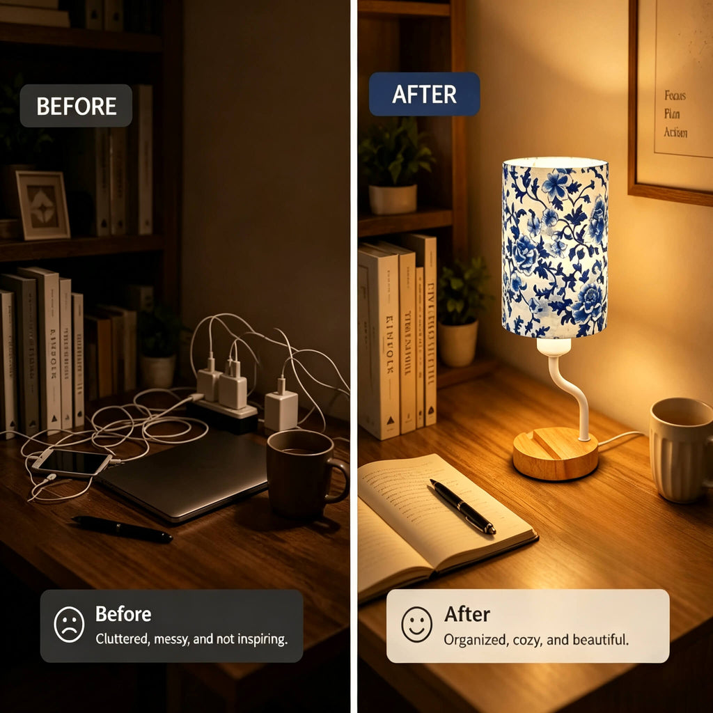 Blue & White Porcelain PLA Eco-Friendly Table Lamp 🎐 3-Button Dimmable Bedside Lamp with Phone Stand, Oriental Floral Home Decor Gift