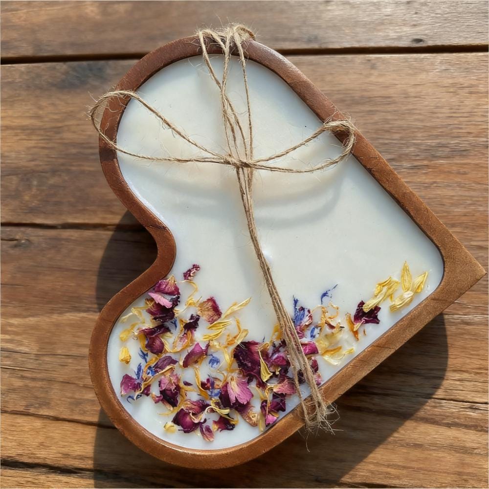 Heart Shaped Dough Wooden Bowl Candle with Dried Rose Hand-Poured Soy Wax / Farmhouse décor / Anniversary | Mothers Day Gift for Her