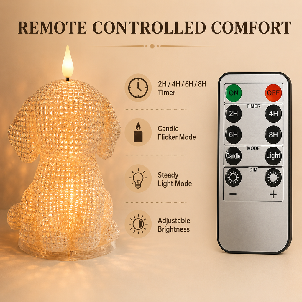 Remote‑Controlled Dimmable Dog Table Lamp 🐶 PLA Bedside Night Light With Timer & Candle Flicker Mode