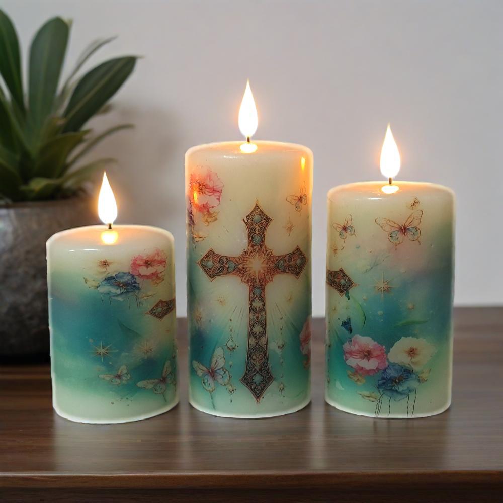 Christian Flameless LED Candle Set of 3, Real Wax, Remote & Timer Battery Powered Pillar Religious Candles Safe Home Decor