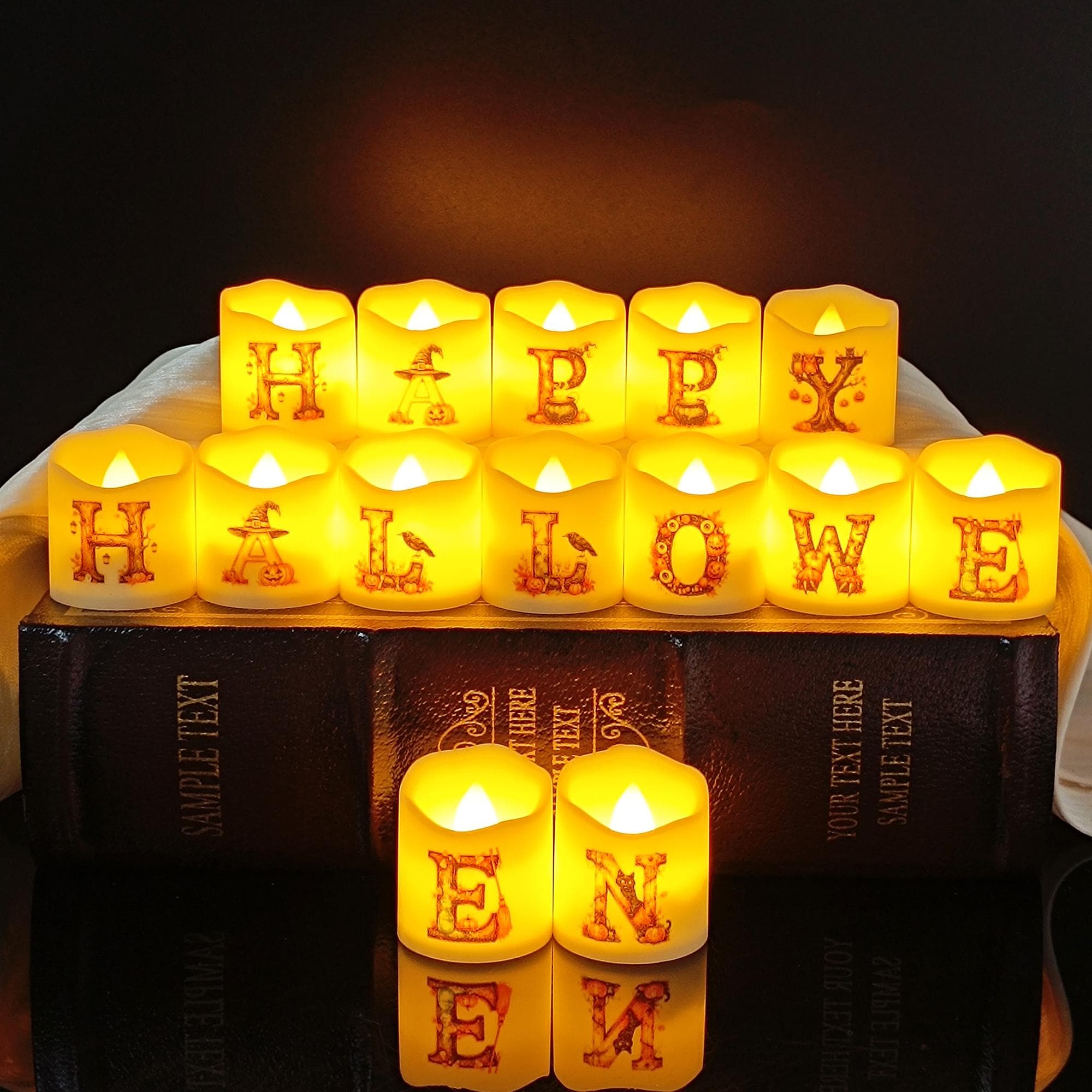 Pumpkin Alphabet LED Tea Lights,14PCS 1.6" Flameless candles for Halloween Party Decor Dinner