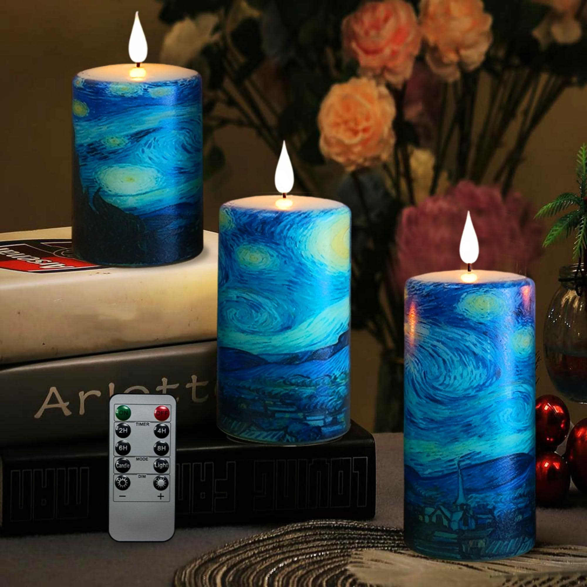 Van Gogh Starry Night Flameless Candles Set of 3,Real Wax Remote Control&Timer LED Candle,Battery Operated Pillar Candles for Christmas Gift